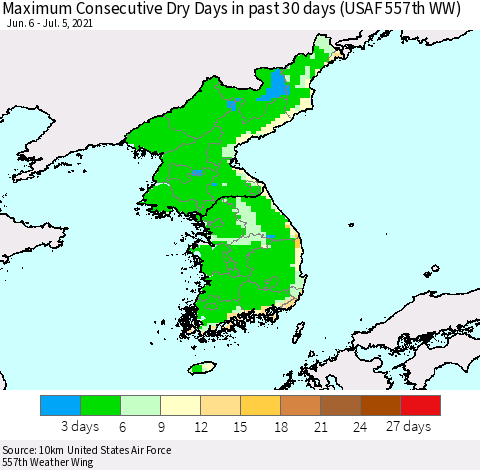 Korea Maximum Consecutive Dry Days in past 30 days (USAF 557th WW) 07/05/2021 Thematic Map For 7/1/2021 - 7/5/2021