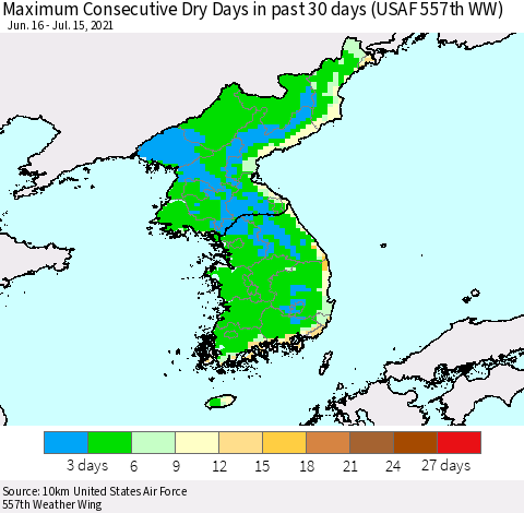 Korea Maximum Consecutive Dry Days in past 30 days (USAF 557th WW) 07/15/2021 Thematic Map For 7/11/2021 - 7/15/2021