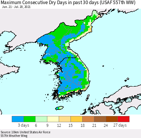 Korea Maximum Consecutive Dry Days in past 30 days (USAF 557th WW) 07/20/2021 Thematic Map For 7/16/2021 - 7/20/2021