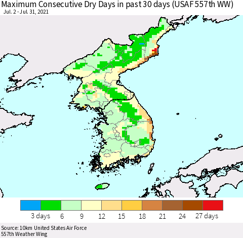 Korea Maximum Consecutive Dry Days in past 30 days (USAF 557th WW) 07/31/2021 Thematic Map For 7/26/2021 - 7/31/2021