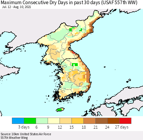 Korea Maximum Consecutive Dry Days in past 30 days (USAF 557th WW) 08/10/2021 Thematic Map For 8/6/2021 - 8/10/2021