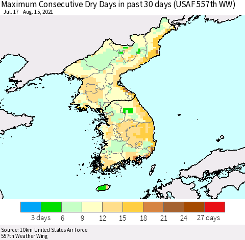 Korea Maximum Consecutive Dry Days in past 30 days (USAF 557th WW) 08/15/2021 Thematic Map For 8/11/2021 - 8/15/2021