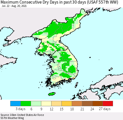 Korea Maximum Consecutive Dry Days in past 30 days (USAF 557th WW) 08/20/2021 Thematic Map For 8/16/2021 - 8/20/2021