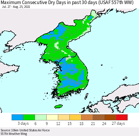 Korea Maximum Consecutive Dry Days in past 30 days (USAF 557th WW) 08/25/2021 Thematic Map For 8/21/2021 - 8/25/2021