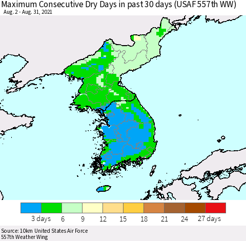 Korea Maximum Consecutive Dry Days in past 30 days (USAF 557th WW) 08/31/2021 Thematic Map For 8/26/2021 - 8/31/2021