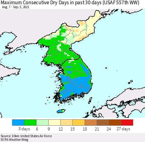 Korea Maximum Consecutive Dry Days in past 30 days (USAF 557th WW) 09/05/2021 Thematic Map For 9/1/2021 - 9/5/2021