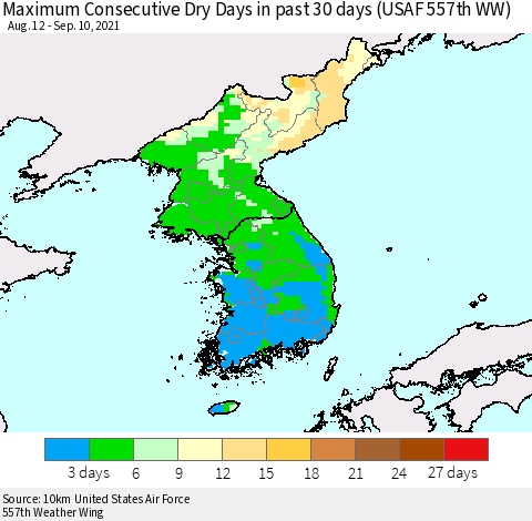 Korea Maximum Consecutive Dry Days in past 30 days (USAF 557th WW) 09/10/2021 Thematic Map For 9/6/2021 - 9/10/2021