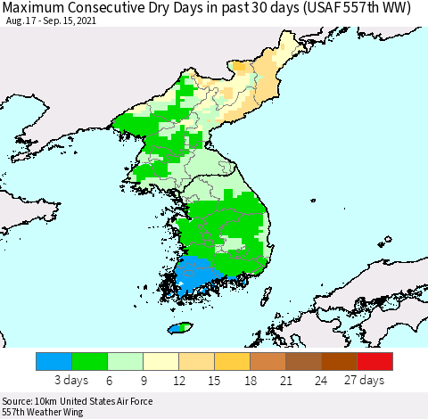 Korea Maximum Consecutive Dry Days in past 30 days (USAF 557th WW) 09/15/2021 Thematic Map For 9/11/2021 - 9/15/2021