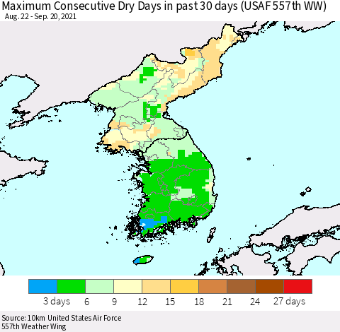 Korea Maximum Consecutive Dry Days in past 30 days (USAF 557th WW) 09/20/2021 Thematic Map For 9/16/2021 - 9/20/2021