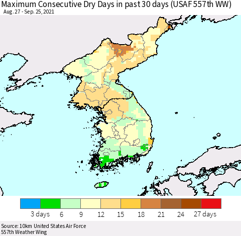 Korea Maximum Consecutive Dry Days in past 30 days (USAF 557th WW) 09/25/2021 Thematic Map For 9/21/2021 - 9/25/2021