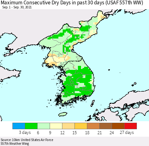 Korea Maximum Consecutive Dry Days in past 30 days (USAF 557th WW) 09/30/2021 Thematic Map For 9/26/2021 - 9/30/2021