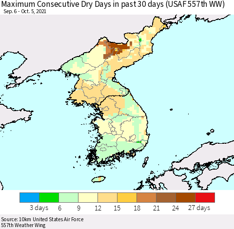 Korea Maximum Consecutive Dry Days in past 30 days (USAF 557th WW) 10/05/2021 Thematic Map For 10/1/2021 - 10/5/2021