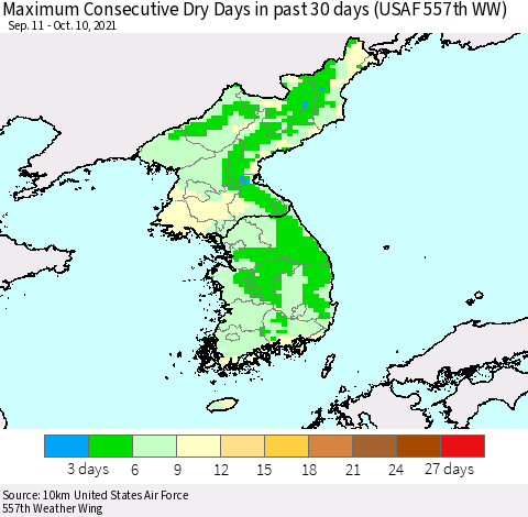 Korea Maximum Consecutive Dry Days in past 30 days (USAF 557th WW) 10/10/2021 Thematic Map For 10/6/2021 - 10/10/2021