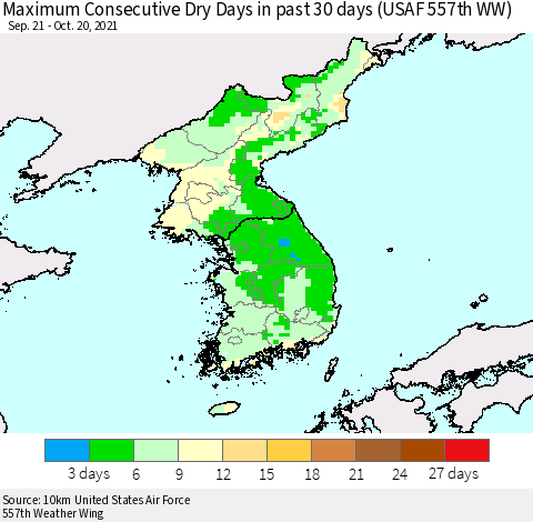 Korea Maximum Consecutive Dry Days in past 30 days (USAF 557th WW) 10/20/2021 Thematic Map For 10/16/2021 - 10/20/2021