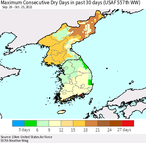 Korea Maximum Consecutive Dry Days in past 30 days (USAF 557th WW) 10/25/2021 Thematic Map For 10/21/2021 - 10/25/2021
