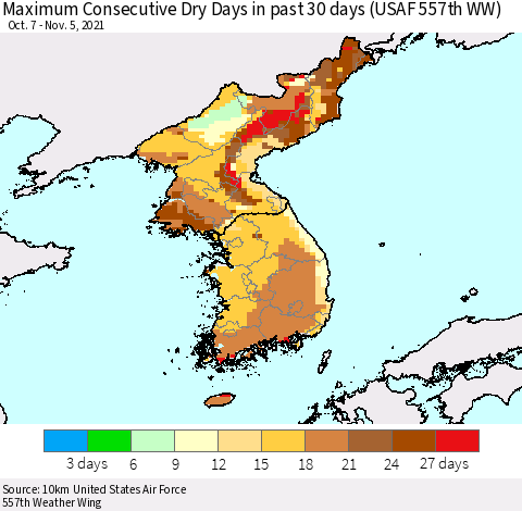 Korea Maximum Consecutive Dry Days in past 30 days (USAF 557th WW) 11/05/2021 Thematic Map For 11/1/2021 - 11/5/2021