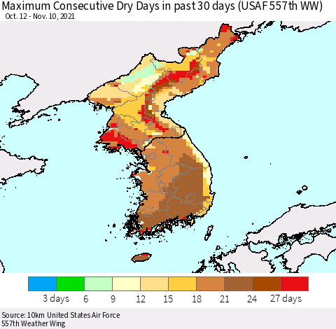 Korea Maximum Consecutive Dry Days in past 30 days (USAF 557th WW) 11/10/2021 Thematic Map For 11/6/2021 - 11/10/2021