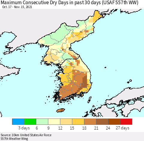 Korea Maximum Consecutive Dry Days in past 30 days (USAF 557th WW) 11/15/2021 Thematic Map For 11/11/2021 - 11/15/2021