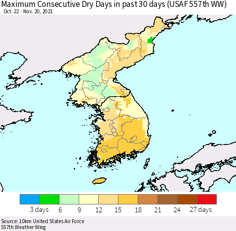 Korea Maximum Consecutive Dry Days in past 30 days (USAF 557th WW) 11/20/2021 Thematic Map For 11/16/2021 - 11/20/2021