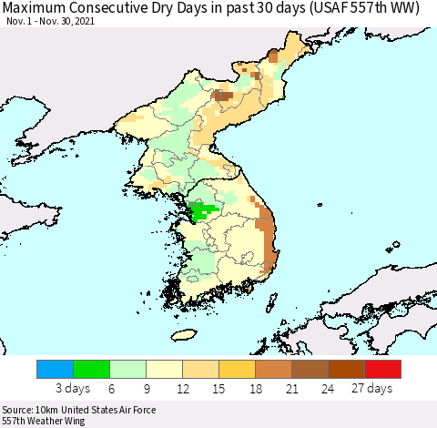 Korea Maximum Consecutive Dry Days in past 30 days (USAF 557th WW) 11/30/2021 Thematic Map For 11/26/2021 - 11/30/2021