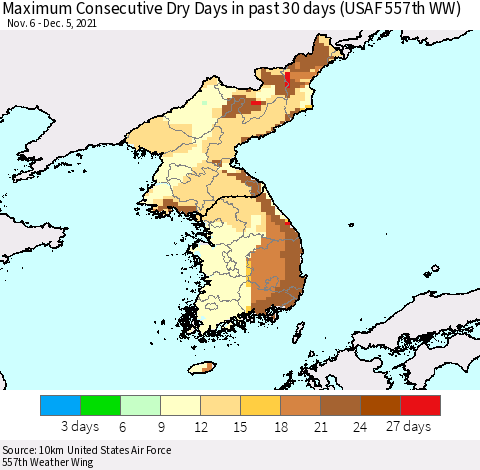 Korea Maximum Consecutive Dry Days in past 30 days (USAF 557th WW) 12/05/2021 Thematic Map For 12/1/2021 - 12/5/2021