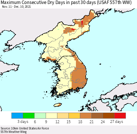 Korea Maximum Consecutive Dry Days in past 30 days (USAF 557th WW) 12/10/2021 Thematic Map For 12/6/2021 - 12/10/2021