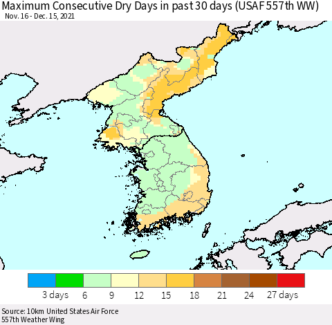 Korea Maximum Consecutive Dry Days in past 30 days (USAF 557th WW) 12/15/2021 Thematic Map For 12/11/2021 - 12/15/2021