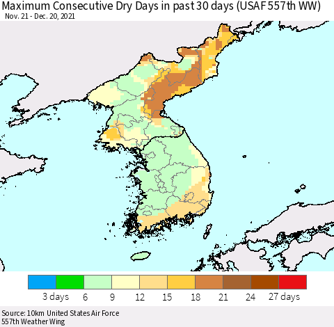 Korea Maximum Consecutive Dry Days in past 30 days (USAF 557th WW) 12/20/2021 Thematic Map For 12/16/2021 - 12/20/2021