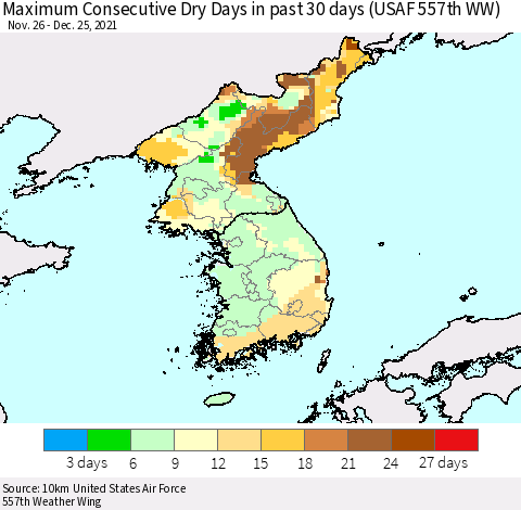 Korea Maximum Consecutive Dry Days in past 30 days (USAF 557th WW) 12/25/2021 Thematic Map For 12/21/2021 - 12/25/2021
