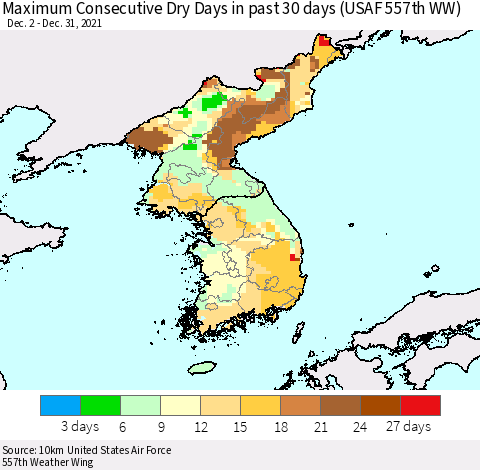 Korea Maximum Consecutive Dry Days in past 30 days (USAF 557th WW) 12/31/2021 Thematic Map For 12/26/2021 - 12/31/2021