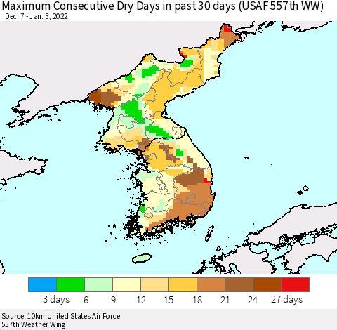 Korea Maximum Consecutive Dry Days in past 30 days (USAF 557th WW) 01/05/2022 Thematic Map For 1/1/2022 - 1/5/2022