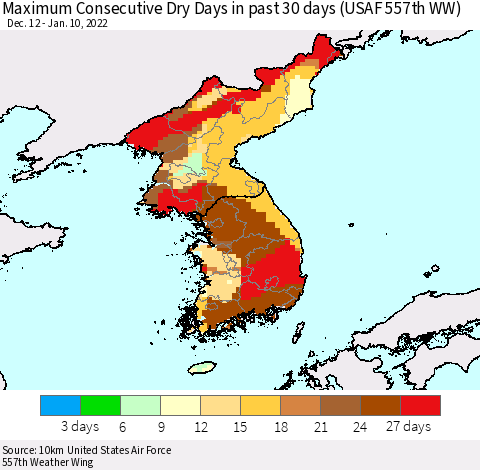 Korea Maximum Consecutive Dry Days in past 30 days (USAF 557th WW) 01/10/2022 Thematic Map For 1/6/2022 - 1/10/2022