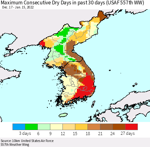 Korea Maximum Consecutive Dry Days in past 30 days (USAF 557th WW) 01/15/2022 Thematic Map For 1/11/2022 - 1/15/2022