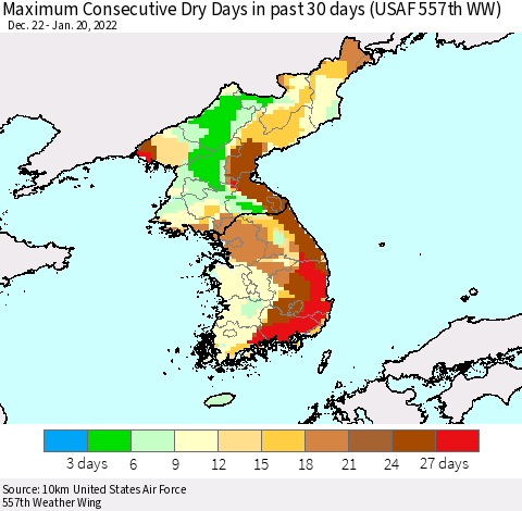 Korea Maximum Consecutive Dry Days in past 30 days (USAF 557th WW) 01/20/2022 Thematic Map For 1/16/2022 - 1/20/2022