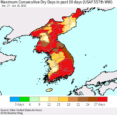 Korea Maximum Consecutive Dry Days in past 30 days (USAF 557th WW) 01/25/2022 Thematic Map For 1/21/2022 - 1/25/2022