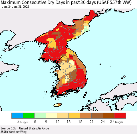 Korea Maximum Consecutive Dry Days in past 30 days (USAF 557th WW) 01/31/2022 Thematic Map For 1/26/2022 - 1/31/2022