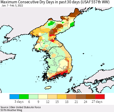 Korea Maximum Consecutive Dry Days in past 30 days (USAF 557th WW) 02/05/2022 Thematic Map For 2/1/2022 - 2/5/2022