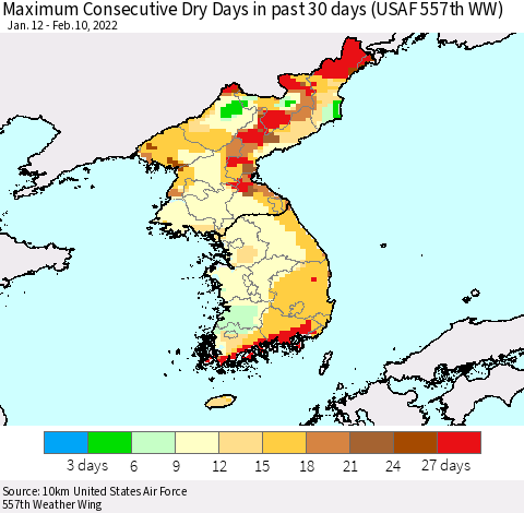 Korea Maximum Consecutive Dry Days in past 30 days (USAF 557th WW) 02/10/2022 Thematic Map For 2/6/2022 - 2/10/2022