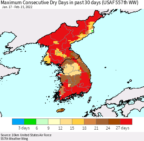 Korea Maximum Consecutive Dry Days in past 30 days (USAF 557th WW) 02/15/2022 Thematic Map For 2/11/2022 - 2/15/2022