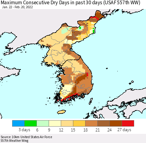 Korea Maximum Consecutive Dry Days in past 30 days (USAF 557th WW) 02/20/2022 Thematic Map For 2/16/2022 - 2/20/2022