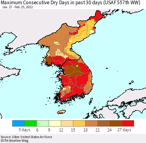 Korea Maximum Consecutive Dry Days in past 30 days (USAF 557th WW) 02/25/2022 Thematic Map For 2/21/2022 - 2/25/2022