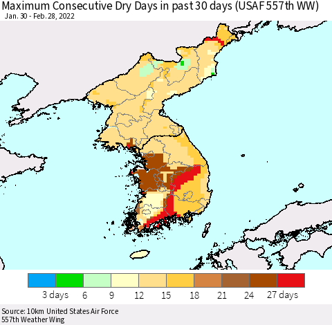 Korea Maximum Consecutive Dry Days in past 30 days (USAF 557th WW) 02/28/2022 Thematic Map For 2/26/2022 - 2/28/2022