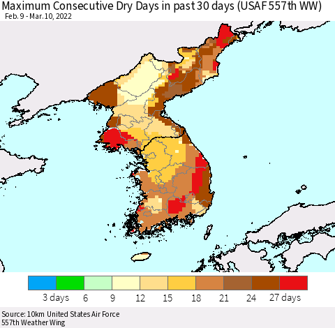 Korea Maximum Consecutive Dry Days in past 30 days (USAF 557th WW) 03/10/2022 Thematic Map For 3/6/2022 - 3/10/2022