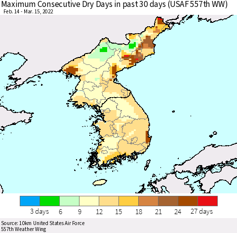 Korea Maximum Consecutive Dry Days in past 30 days (USAF 557th WW) 03/15/2022 Thematic Map For 3/11/2022 - 3/15/2022