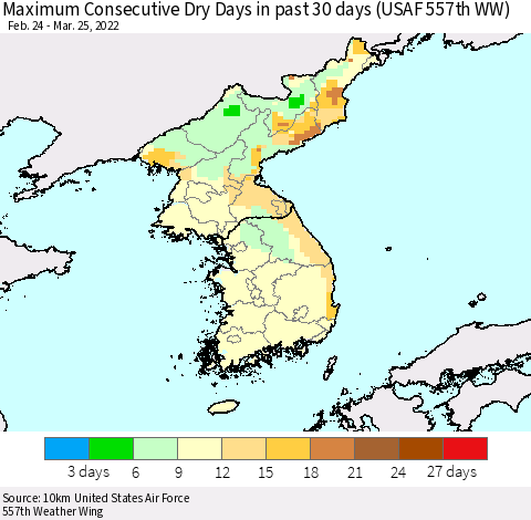Korea Maximum Consecutive Dry Days in past 30 days (USAF 557th WW) 03/25/2022 Thematic Map For 3/21/2022 - 3/25/2022