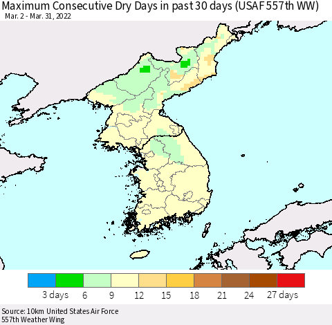 Korea Maximum Consecutive Dry Days in past 30 days (USAF 557th WW) 03/31/2022 Thematic Map For 3/26/2022 - 3/31/2022
