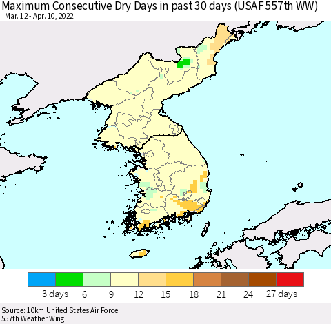 Korea Maximum Consecutive Dry Days in past 30 days (USAF 557th WW) 04/10/2022 Thematic Map For 4/6/2022 - 4/10/2022