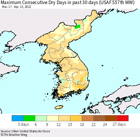 Korea Maximum Consecutive Dry Days in past 30 days (USAF 557th WW) 04/15/2022 Thematic Map For 4/11/2022 - 4/15/2022