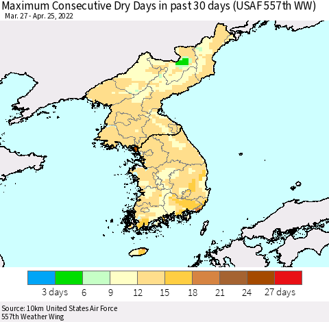 Korea Maximum Consecutive Dry Days in past 30 days (USAF 557th WW) 04/25/2022 Thematic Map For 4/21/2022 - 4/25/2022