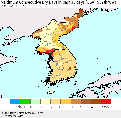 Korea Maximum Consecutive Dry Days in past 30 days (USAF 557th WW) 04/30/2022 Thematic Map For 4/26/2022 - 4/30/2022